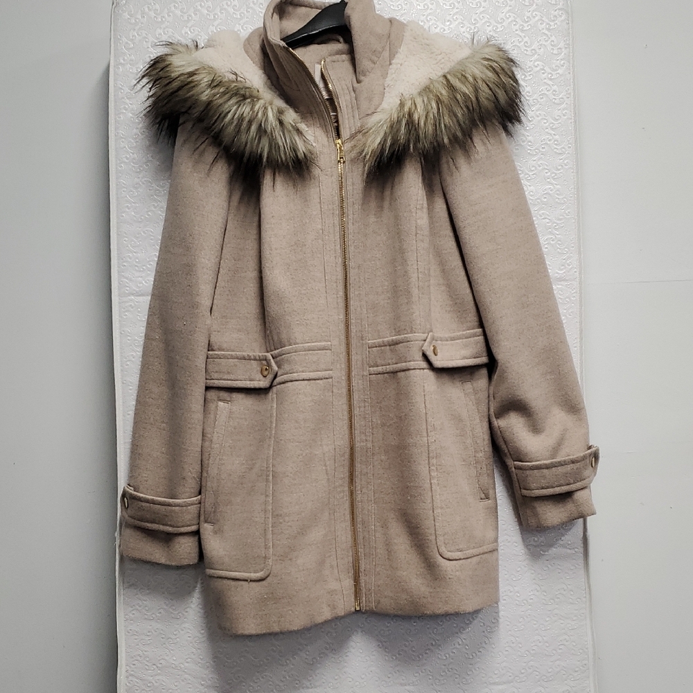 Women's Tan Hooded Coat with Faux Fur Trim